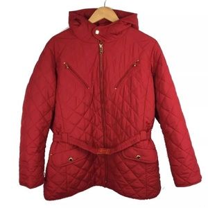 Ralph Lauren Red Quilted Jacket w Gold Belt & Hood